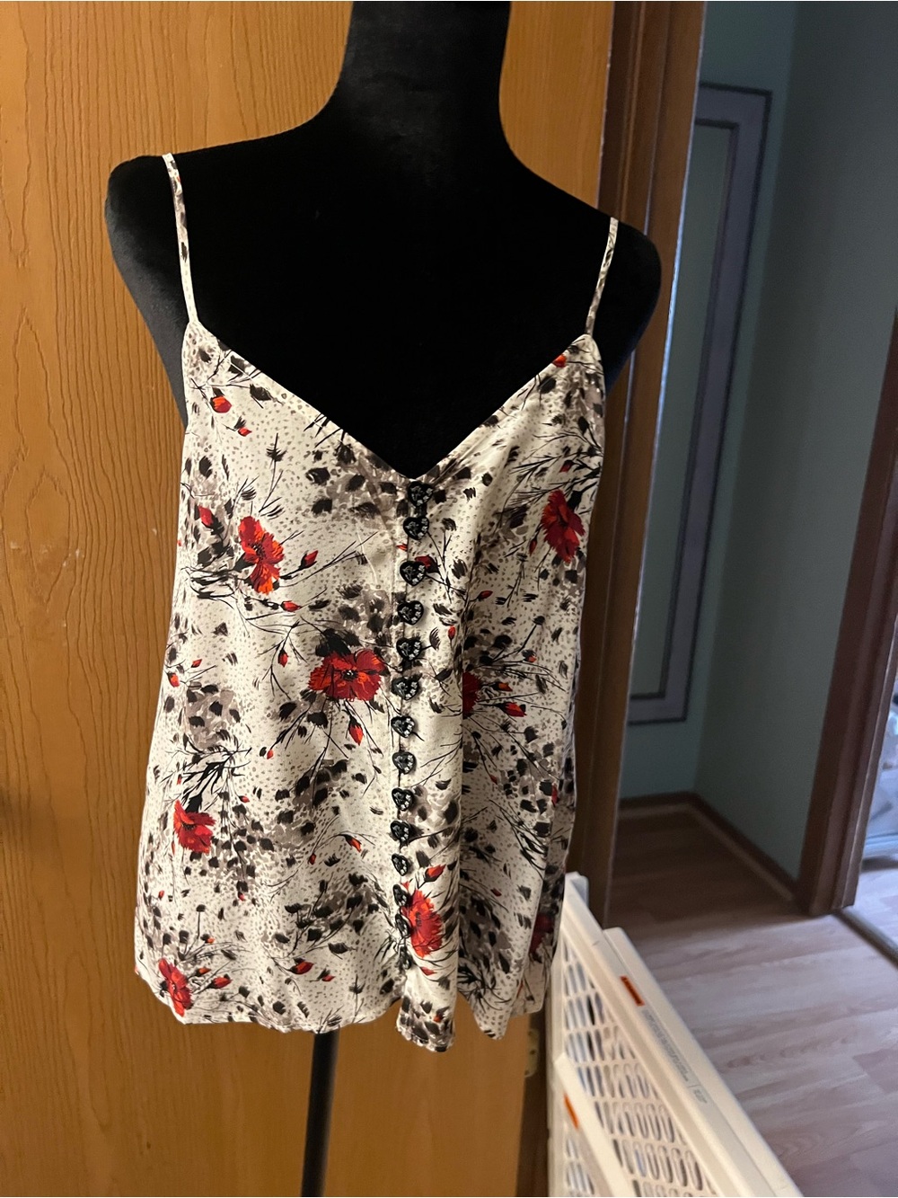 The Kooples Cream Floral Silk Button-Front Camisole with Red Accents